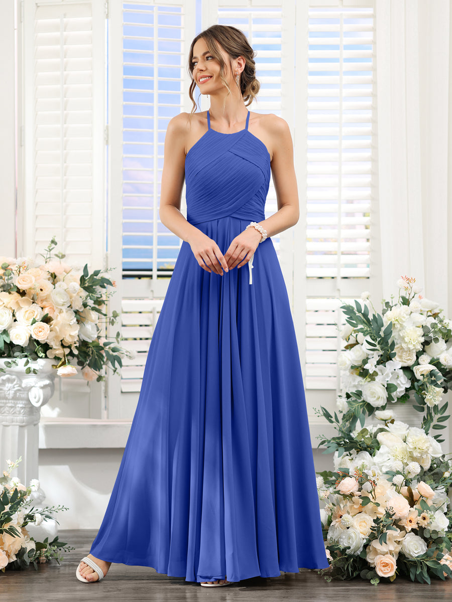 A-Line Halter Sleeveless Ruched Floor-Length Chiffon Bridesmaid Dresses Light Royal Blue