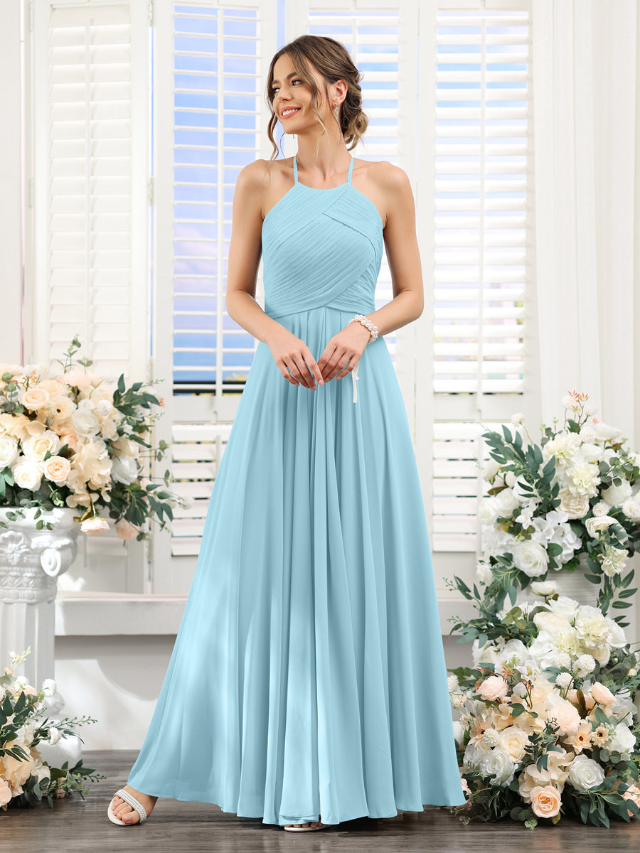 A-Line Halter Sleeveless Ruched Floor-Length Chiffon Bridesmaid Dresses Light Sky Blue