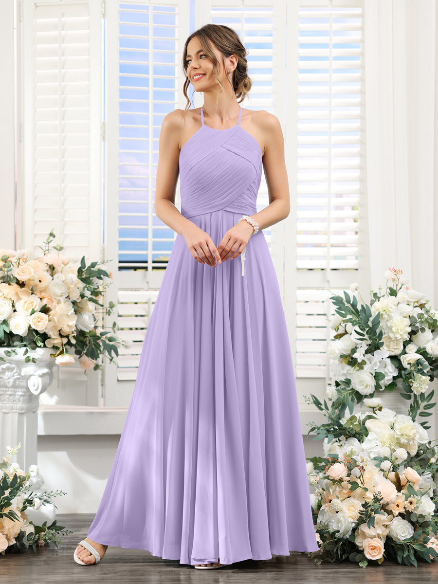 A-Line Halter Sleeveless Ruched Floor-Length Chiffon Bridesmaid Dresses Lilac