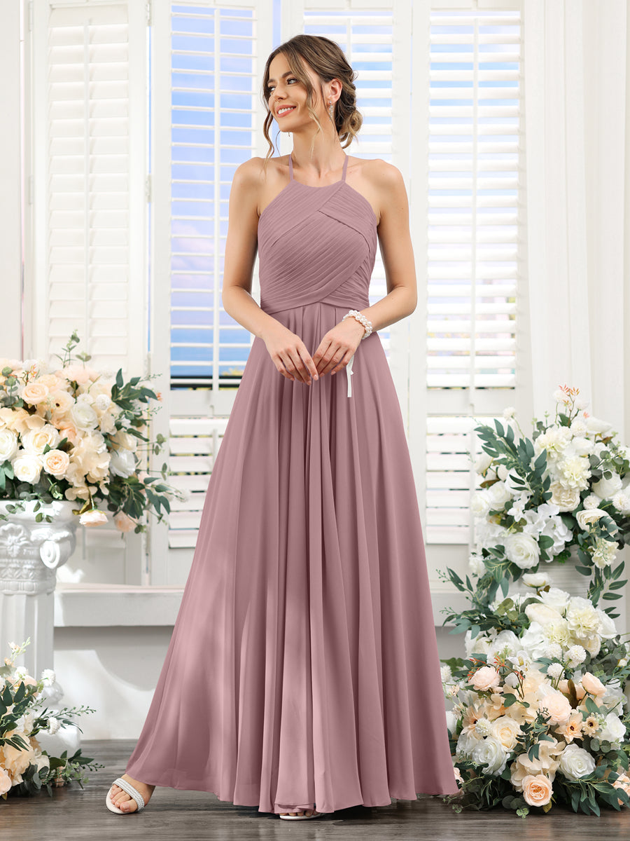A-Line Halter Sleeveless Ruched Floor-Length Chiffon Bridesmaid Dresses Mauve