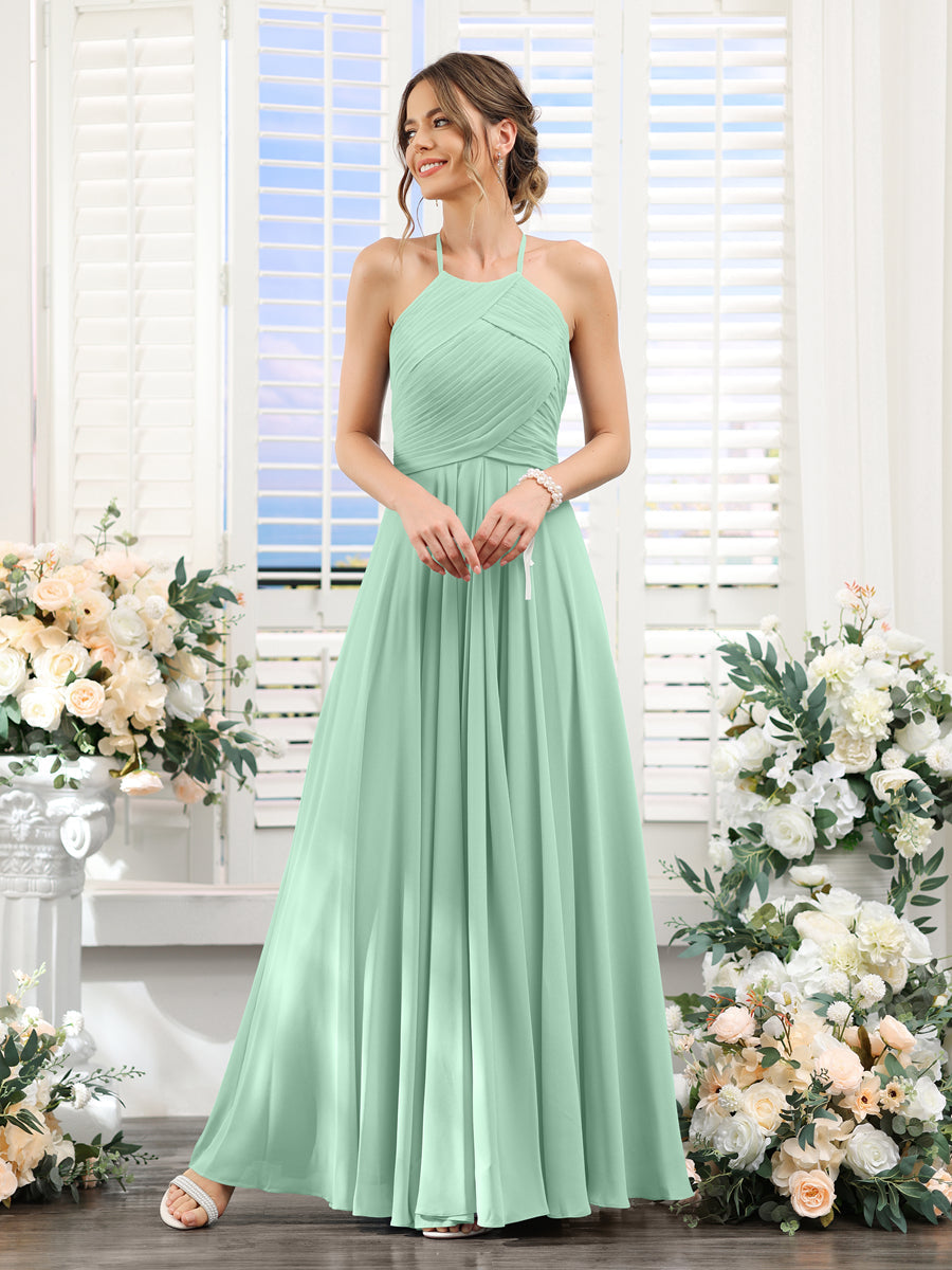 A-Line Halter Sleeveless Ruched Floor-Length Chiffon Bridesmaid Dresses Mint Green