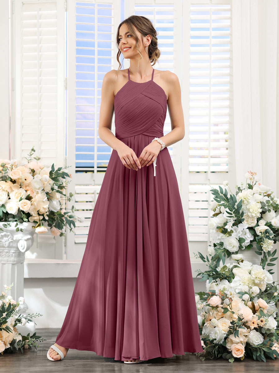 A-Line Halter Sleeveless Ruched Floor-Length Chiffon Bridesmaid Dresses Mulberry
