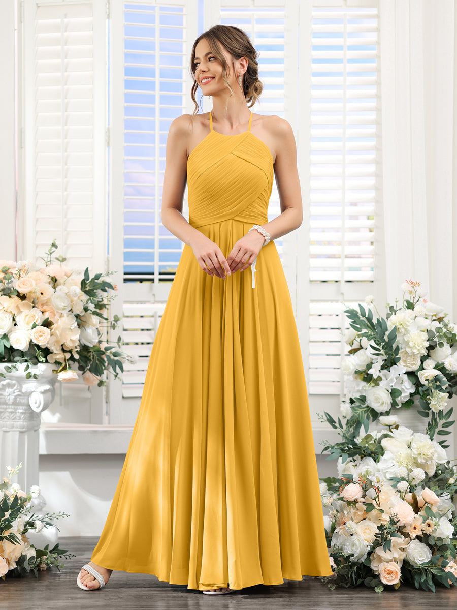 A-Line Halter Sleeveless Ruched Floor-Length Chiffon Bridesmaid Dresses Mustard Yellow