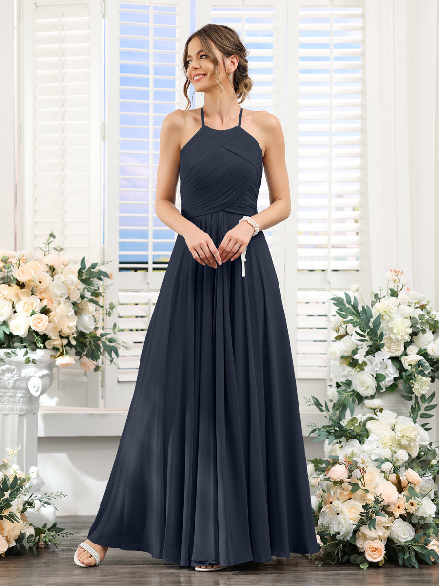 A-Line Halter Sleeveless Ruched Floor-Length Chiffon Bridesmaid Dresses Navy Blue