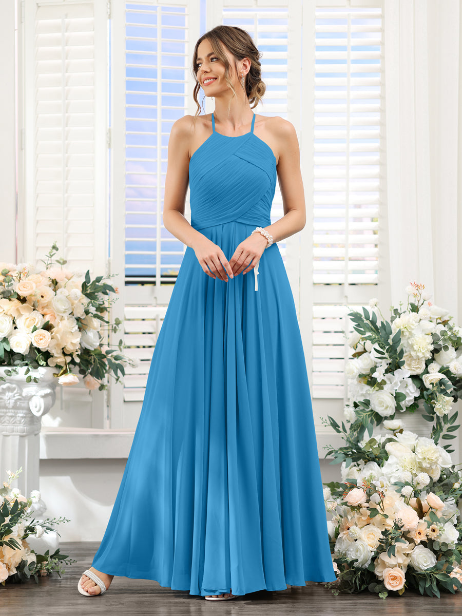 A-Line Halter Sleeveless Ruched Floor-Length Chiffon Bridesmaid Dresses Ocean Blue
