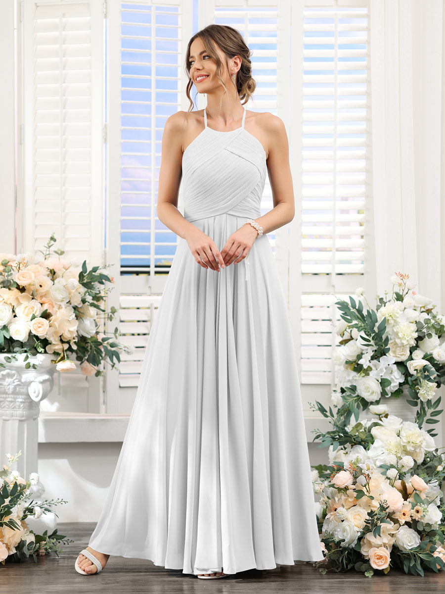 A-Line Halter Sleeveless Ruched Floor-Length Chiffon Bridesmaid Dresses Off White