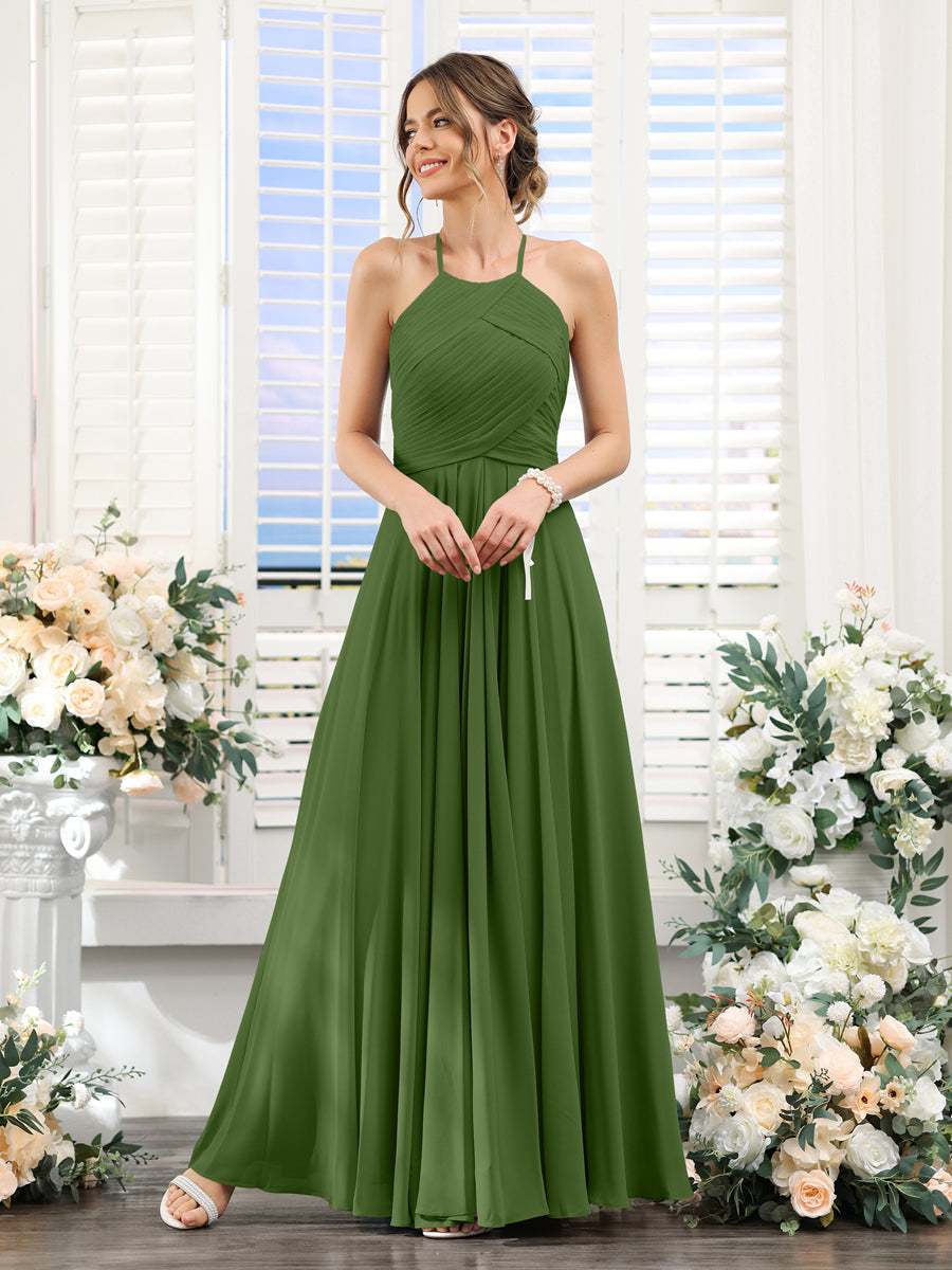 A-Line Halter Sleeveless Ruched Floor-Length Chiffon Bridesmaid Dresses Olive Green