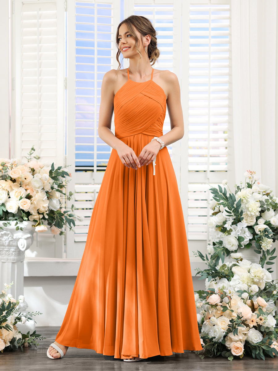 A-Line Halter Sleeveless Ruched Floor-Length Chiffon Bridesmaid Dresses Orange