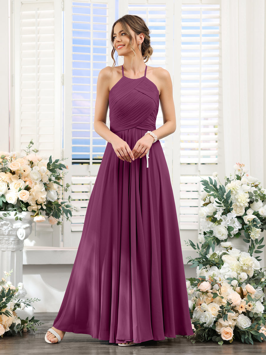 A-Line Halter Sleeveless Ruched Floor-Length Chiffon Bridesmaid Dresses Orchid