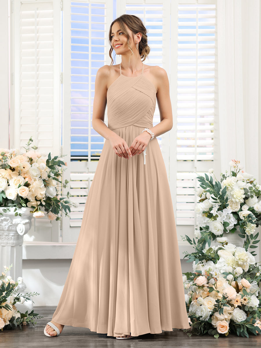 A-Line Halter Sleeveless Ruched Floor-Length Chiffon Bridesmaid Dresses Peach Pink