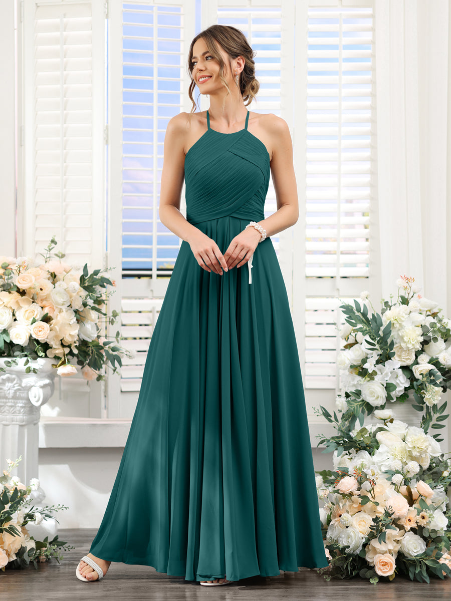 A-Line Halter Sleeveless Ruched Floor-Length Chiffon Bridesmaid Dresses Peacock