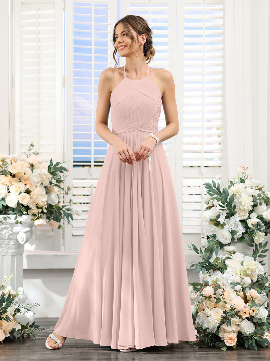 A-Line Halter Sleeveless Ruched Floor-Length Chiffon Bridesmaid Dresses Pearl Pink