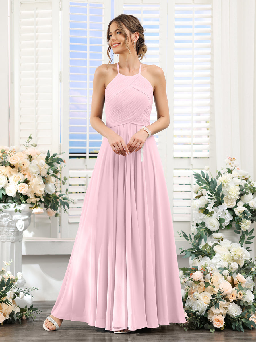 A-Line Halter Sleeveless Ruched Floor-Length Chiffon Bridesmaid Dresses Pink
