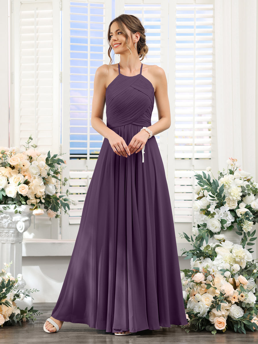 A-Line Halter Sleeveless Ruched Floor-Length Chiffon Bridesmaid Dresses Plum