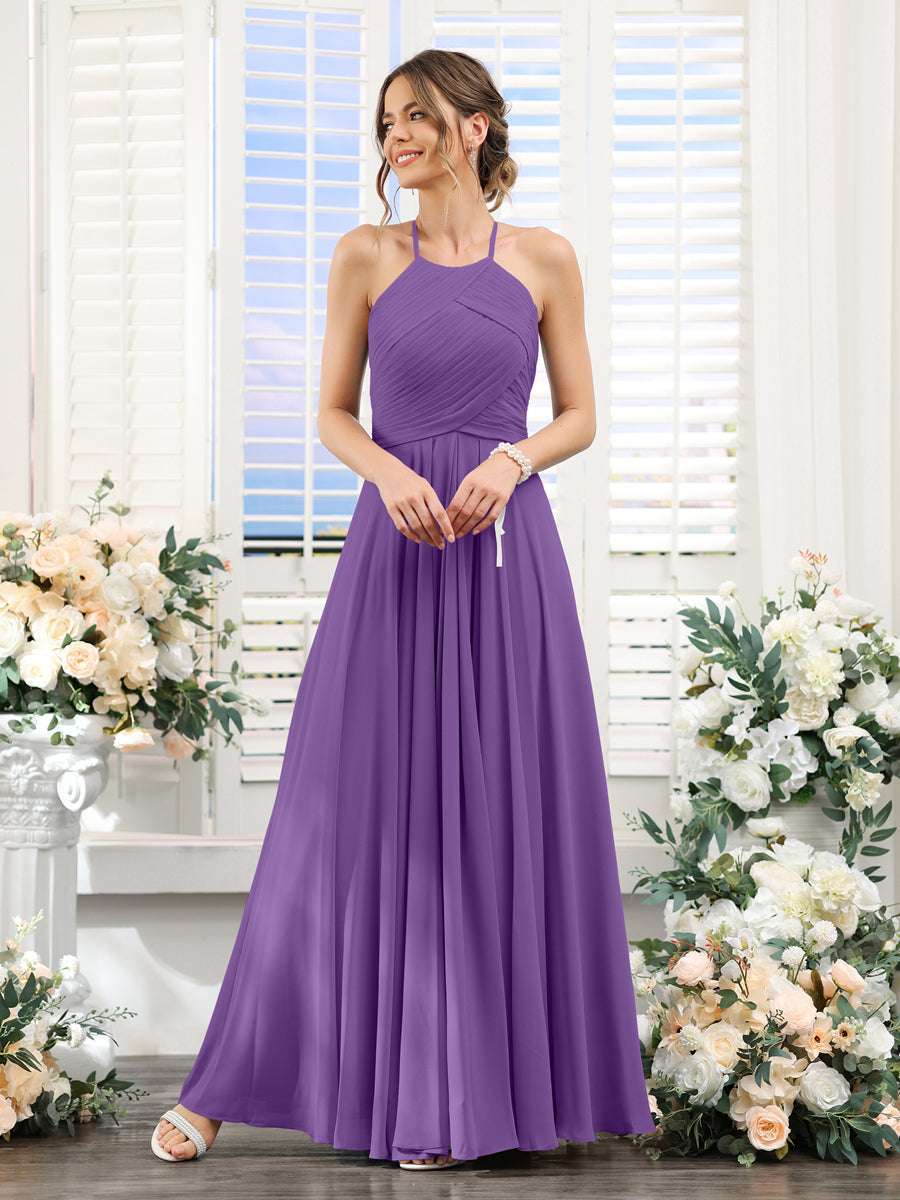 A-Line Halter Sleeveless Ruched Floor-Length Chiffon Bridesmaid Dresses Purple