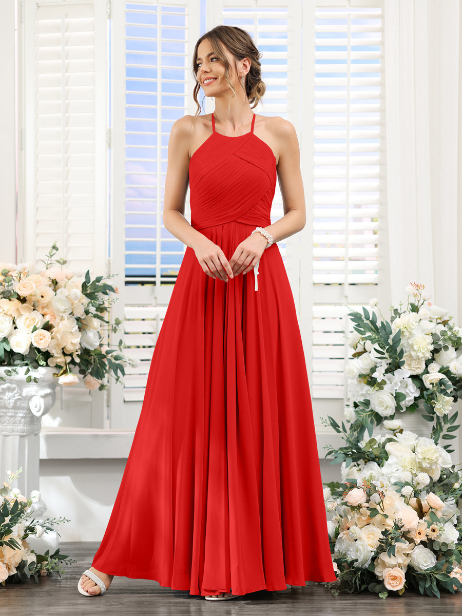 A-Line Halter Sleeveless Ruched Floor-Length Chiffon Bridesmaid Dresses Red