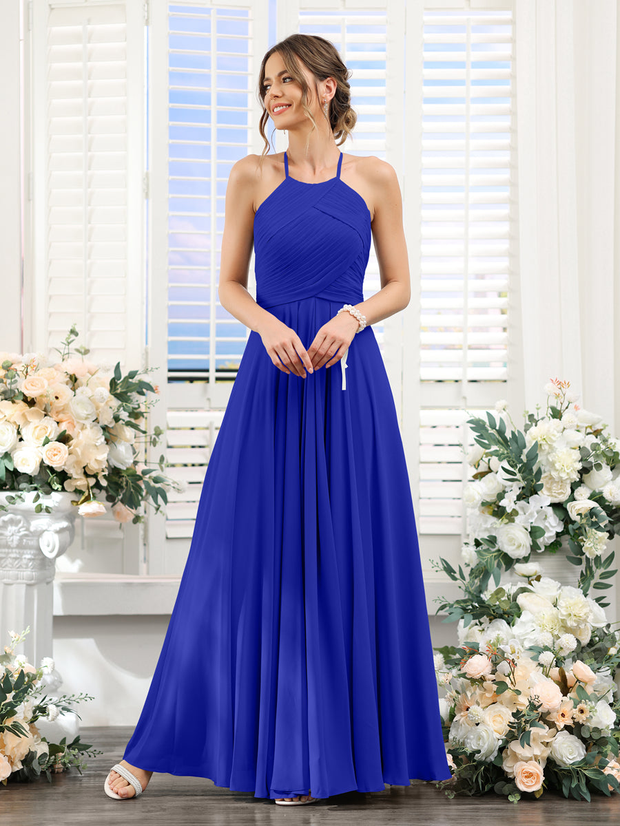 A-Line Halter Sleeveless Ruched Floor-Length Chiffon Bridesmaid Dresses Royal Blue