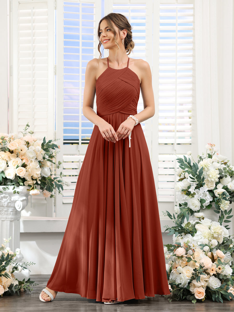 A-Line Halter Sleeveless Ruched Floor-Length Chiffon Bridesmaid Dresses Rust