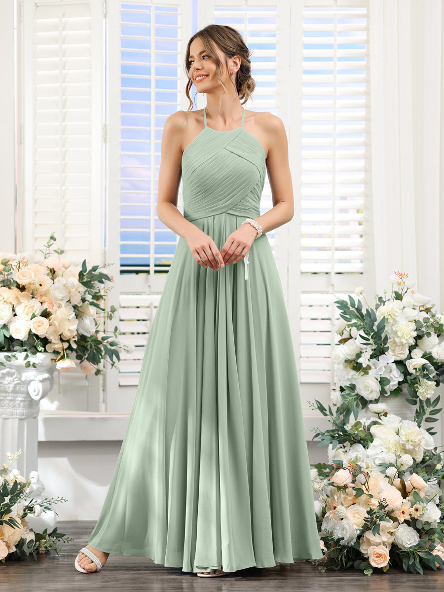 A-Line Halter Sleeveless Ruched Floor-Length Chiffon Bridesmaid Dresses Sage