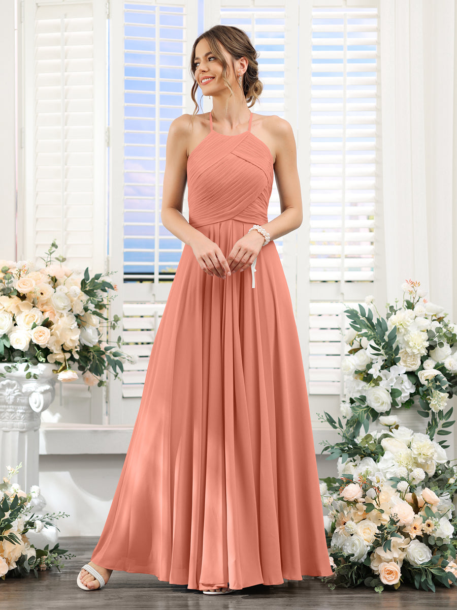 A-Line Halter Sleeveless Ruched Floor-Length Chiffon Bridesmaid Dresses Salmon