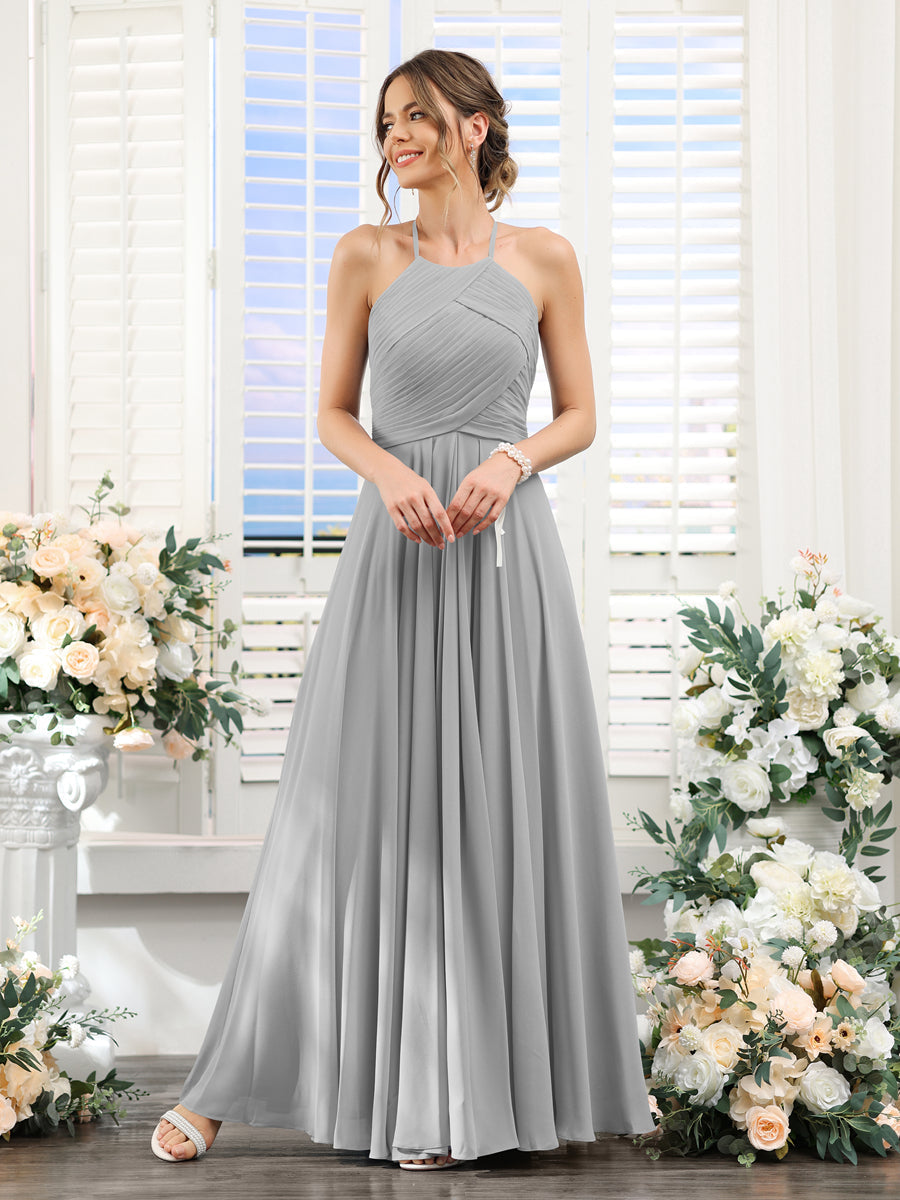 A-Line Halter Sleeveless Ruched Floor-Length Chiffon Bridesmaid Dresses Silver
