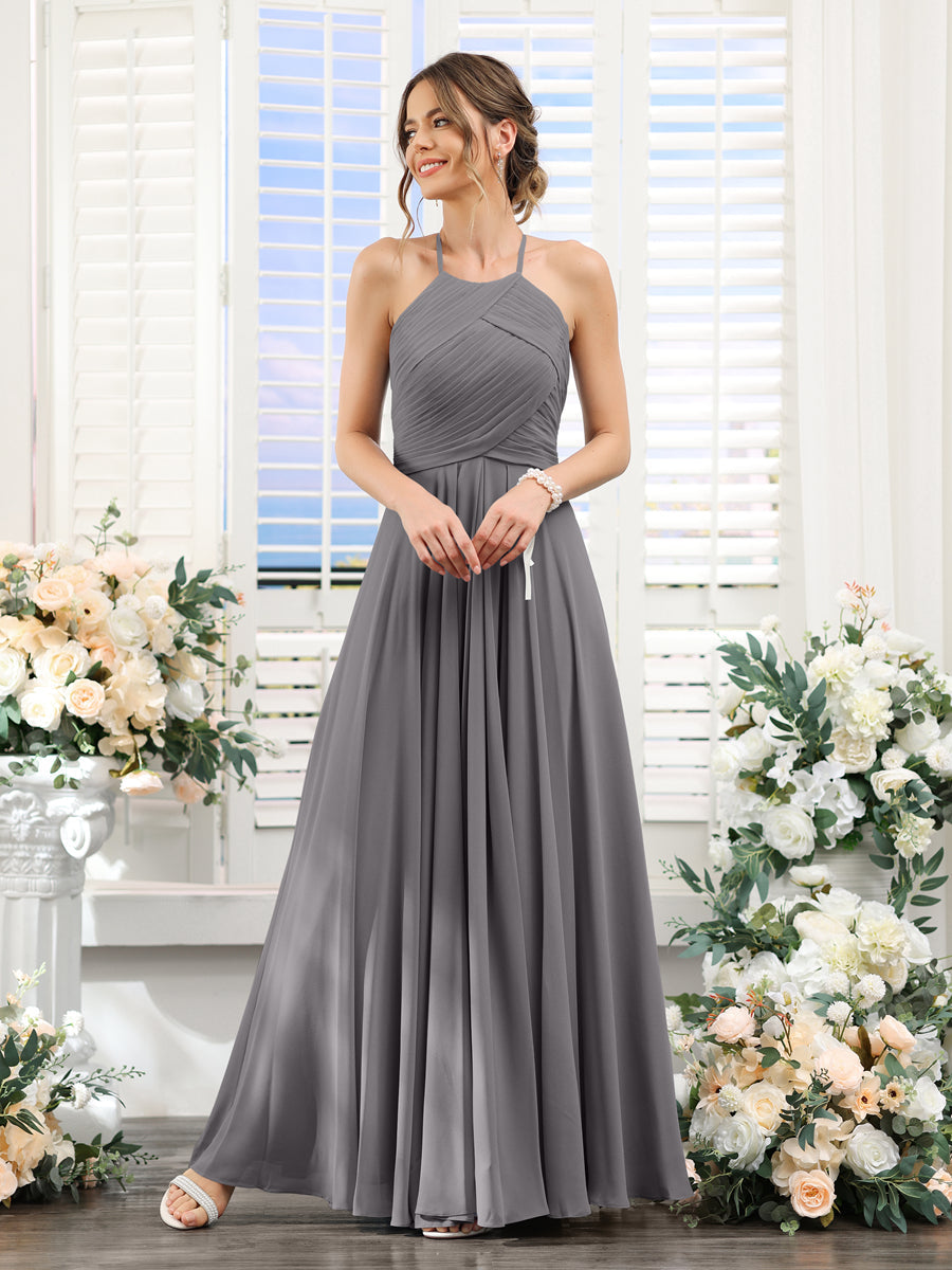 A-Line Halter Sleeveless Ruched Floor-Length Chiffon Bridesmaid Dresses Silver Gray