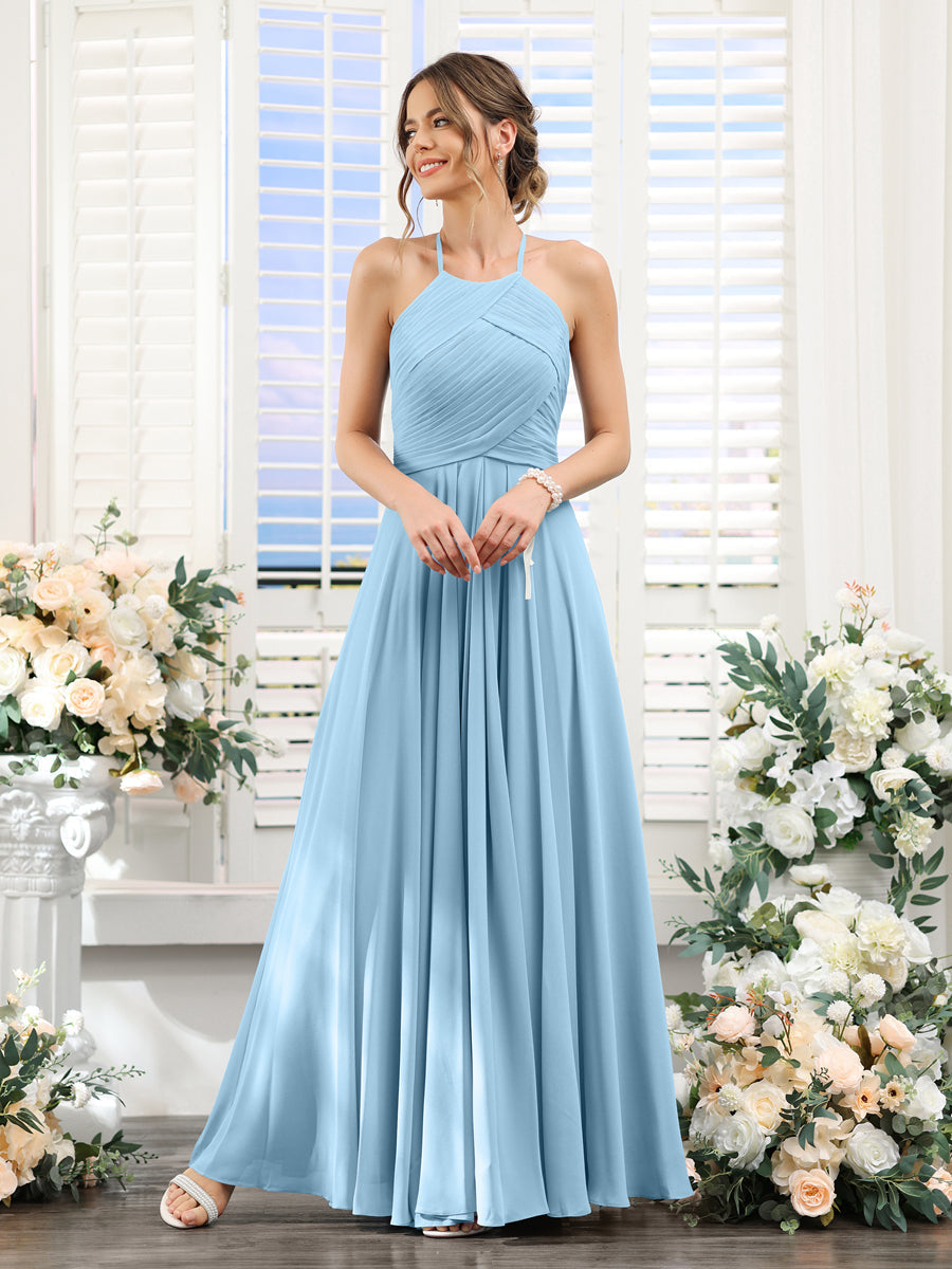 A-Line Halter Sleeveless Ruched Floor-Length Chiffon Bridesmaid Dresses Sky Blue
