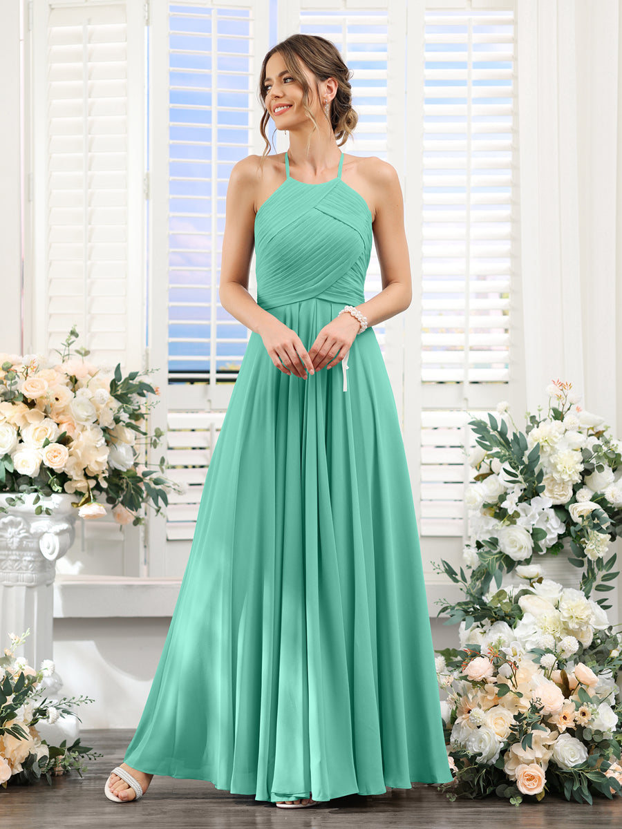 A-Line Halter Sleeveless Ruched Floor-Length Chiffon Bridesmaid Dresses Spa
