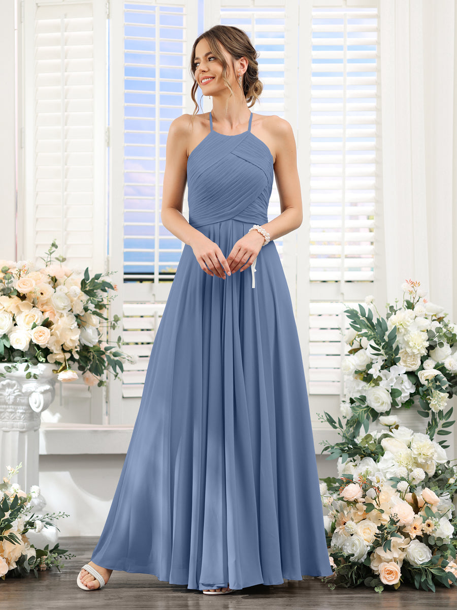 A-Line Halter Sleeveless Ruched Floor-Length Chiffon Bridesmaid Dresses Steel Blue