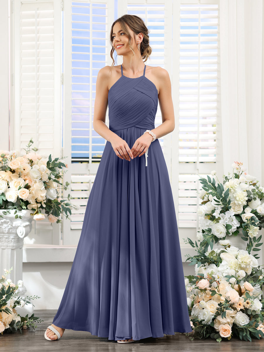 A-Line Halter Sleeveless Ruched Floor-Length Chiffon Bridesmaid Dresses Stormy Blue