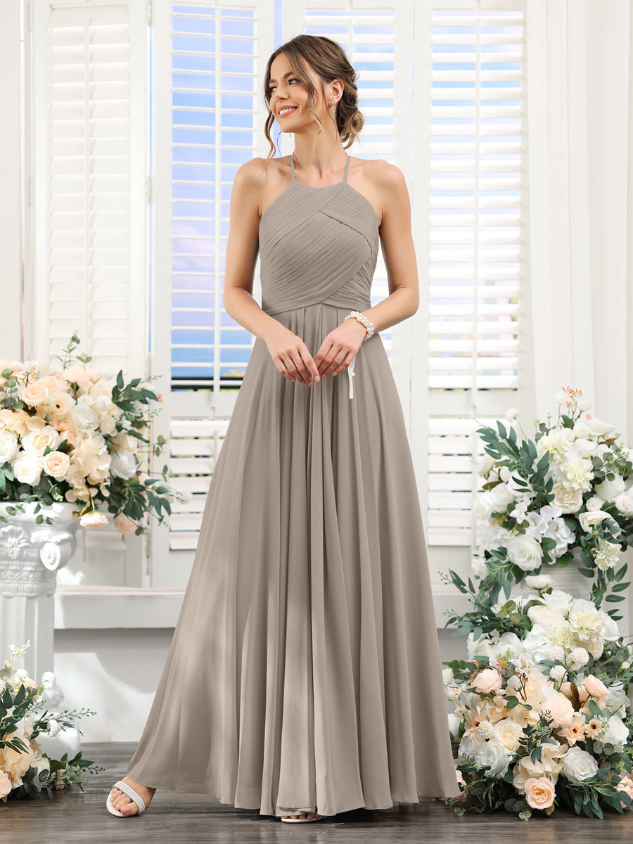 A-Line Halter Sleeveless Ruched Floor-Length Chiffon Bridesmaid Dresses Taupe