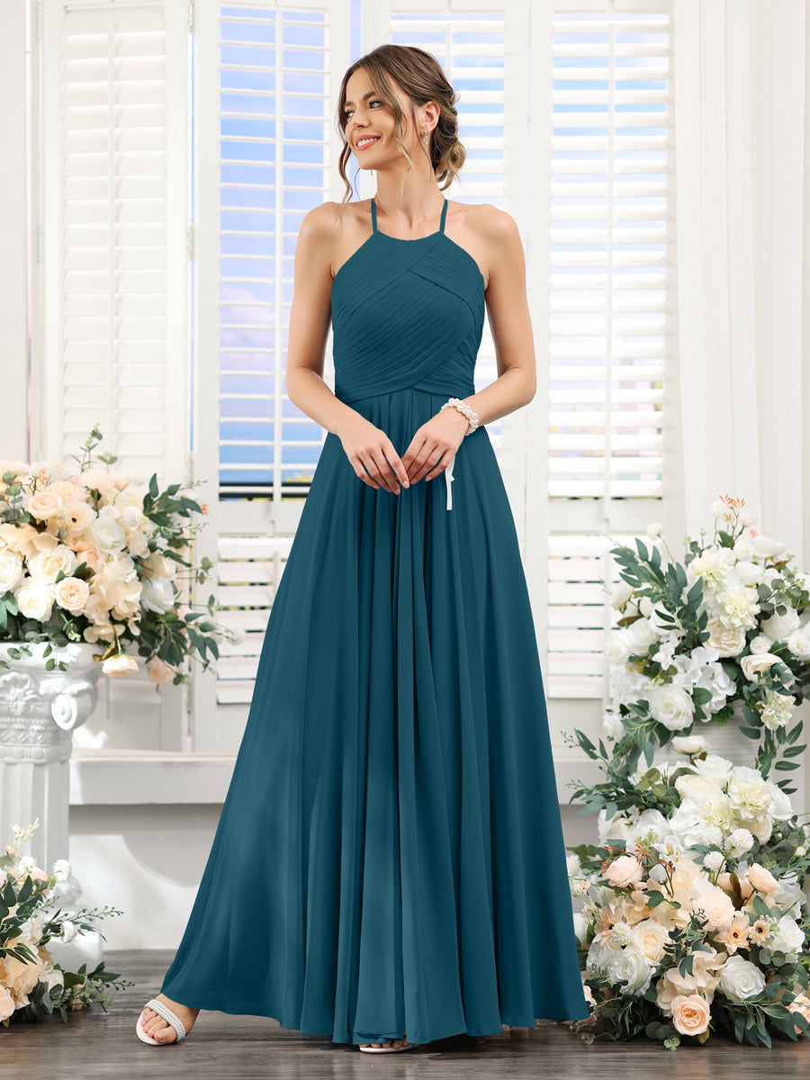 A-Line Halter Sleeveless Ruched Floor-Length Chiffon Bridesmaid Dresses Teal