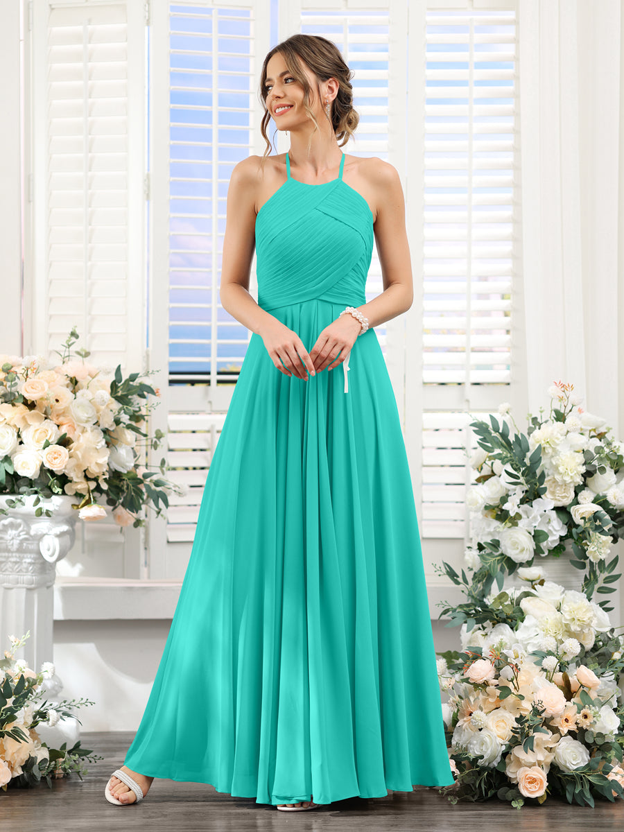 A-Line Halter Sleeveless Ruched Floor-Length Chiffon Bridesmaid Dresses Turquoise