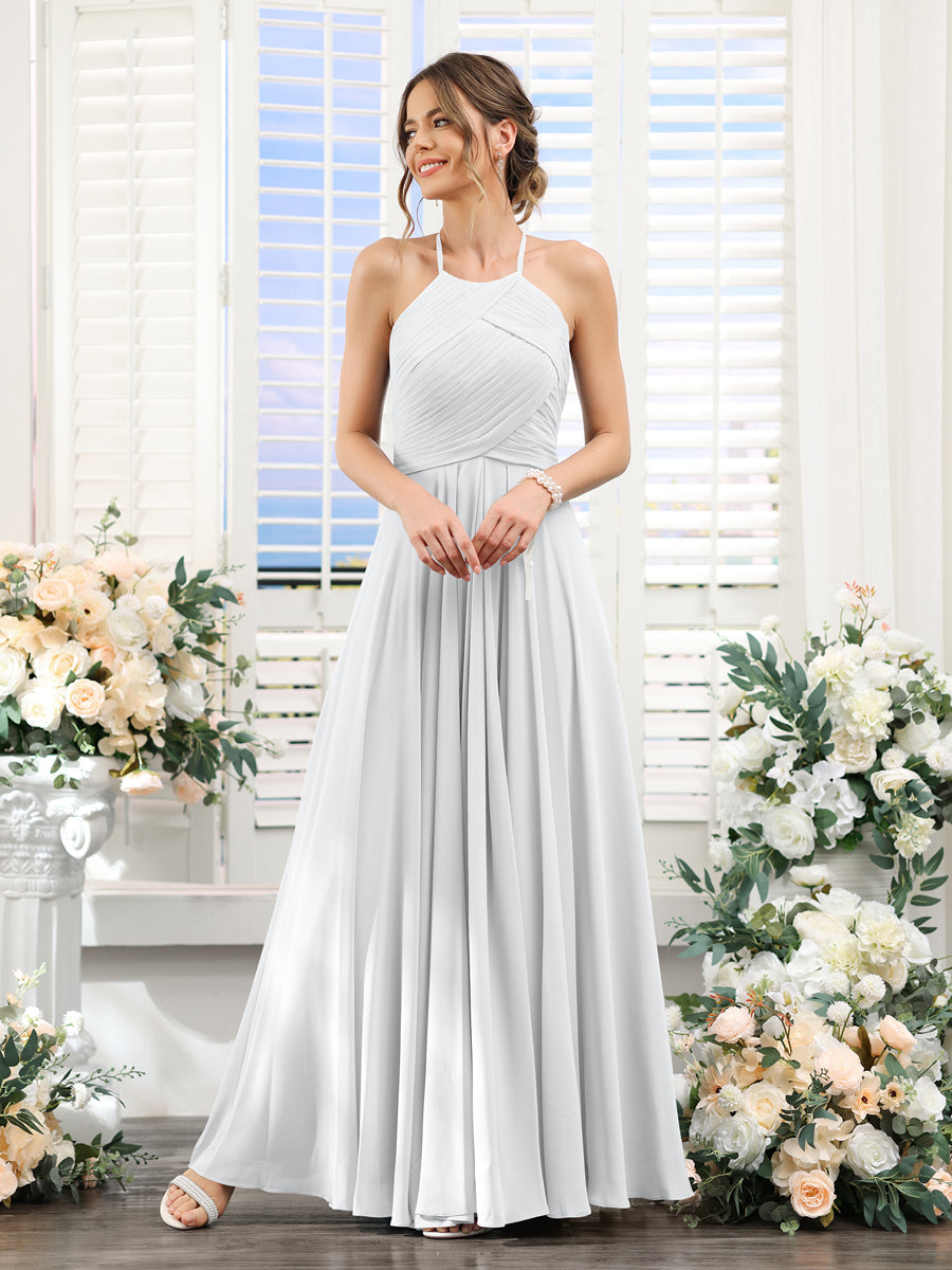 A-Line Halter Sleeveless Ruched Floor-Length Chiffon Bridesmaid Dresses White