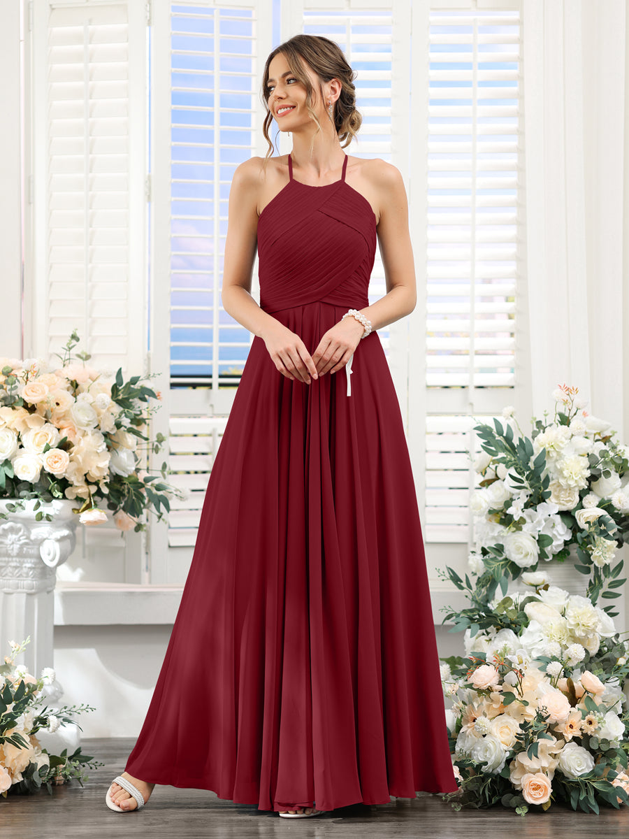 A-Line Halter Sleeveless Ruched Floor-Length Chiffon Bridesmaid Dresses Wine Red