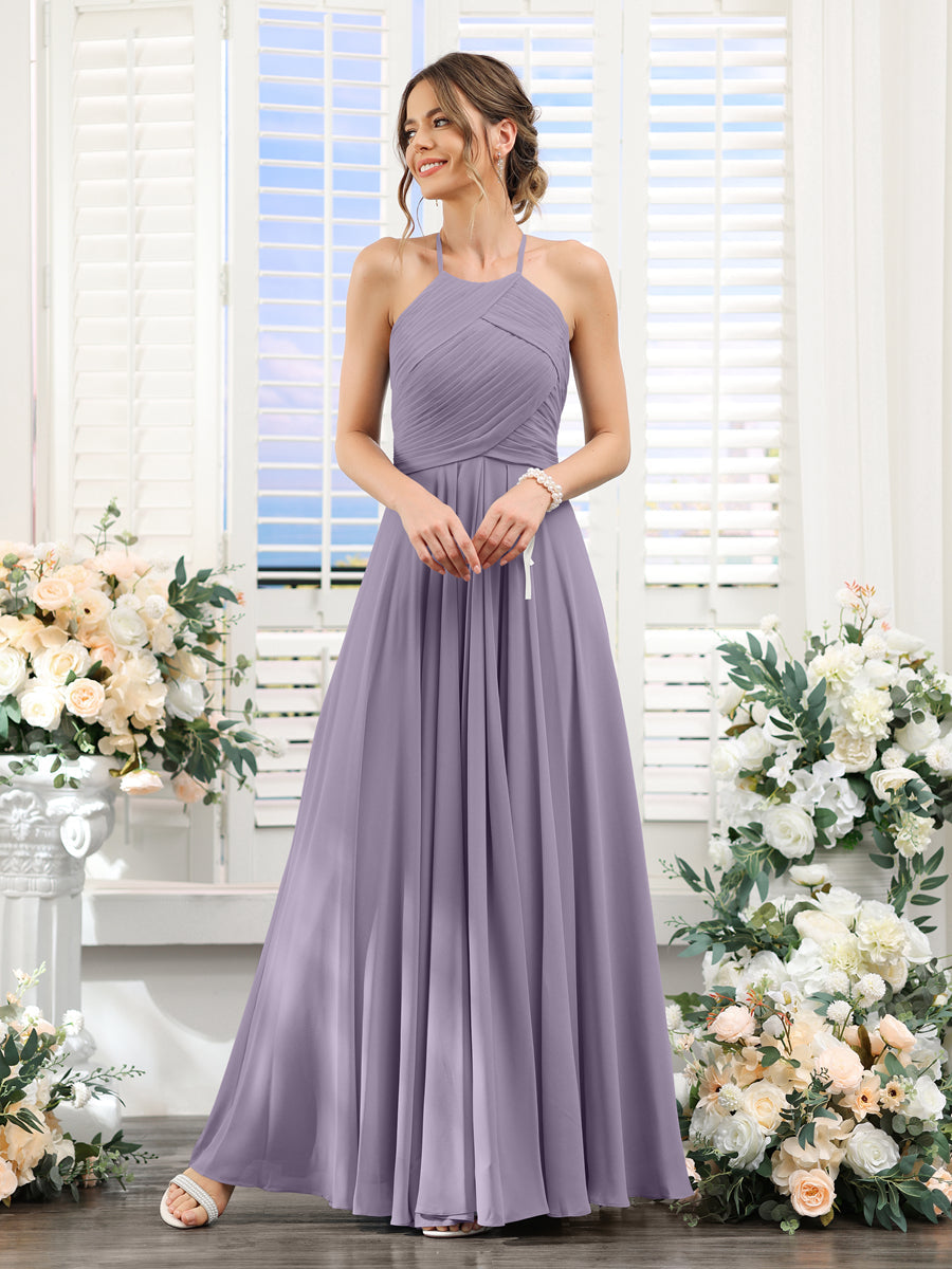 A-Line Halter Sleeveless Ruched Floor-Length Chiffon Bridesmaid Dresses Wisteria