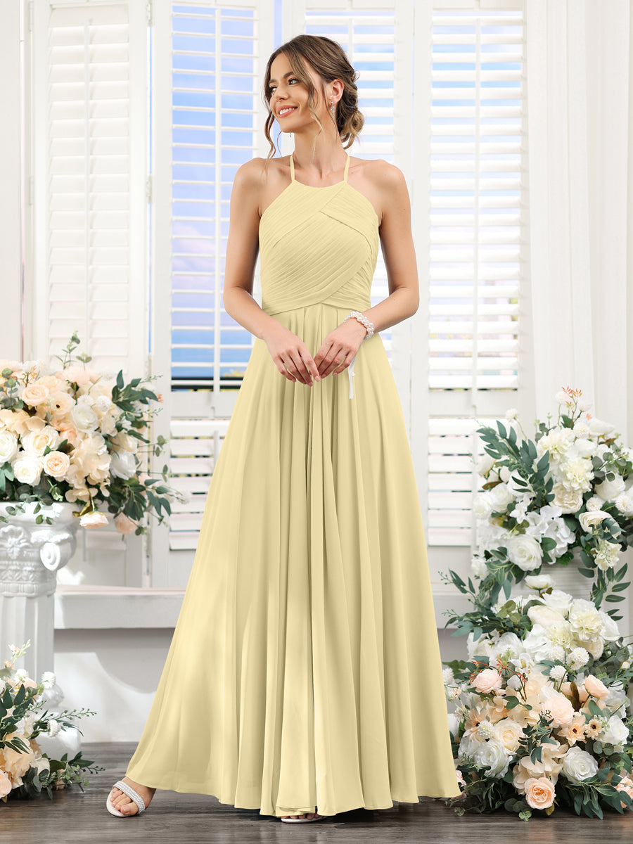 A-Line Halter Sleeveless Ruched Floor-Length Chiffon Bridesmaid Dresses Yellow
