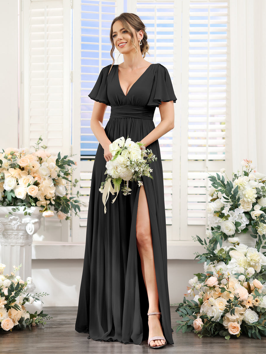 A-Line V-Neck Short Sleeves Split Side Floor-Length Chiffon Bridesmaid Dresses Black