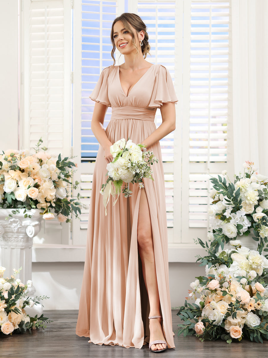 A-Line V-Neck Short Sleeves Split Side Floor-Length Chiffon Bridesmaid Dresses Blush Pink