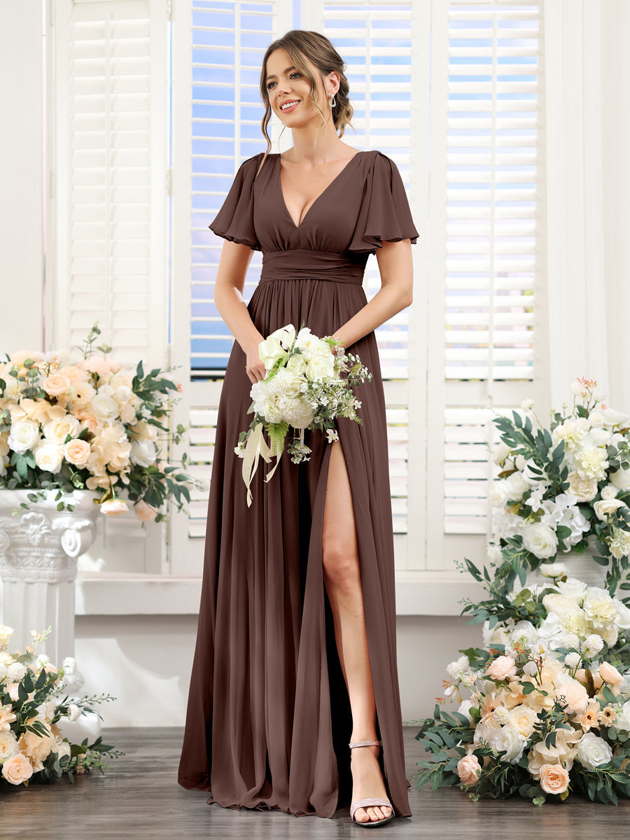 A-Line V-Neck Short Sleeves Split Side Floor-Length Chiffon Bridesmaid Dresses Brown