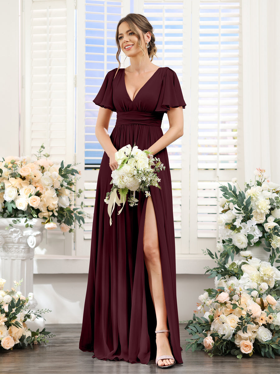 A-Line V-Neck Short Sleeves Split Side Floor-Length Chiffon Bridesmaid Dresses Burgundy