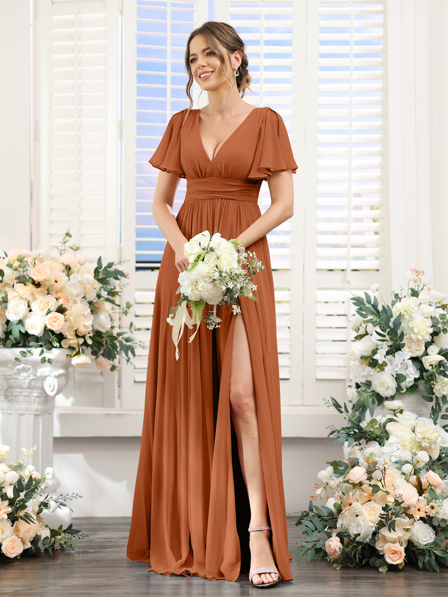 A-Line V-Neck Short Sleeves Split Side Floor-Length Chiffon Bridesmaid Dresses Burnt Orange