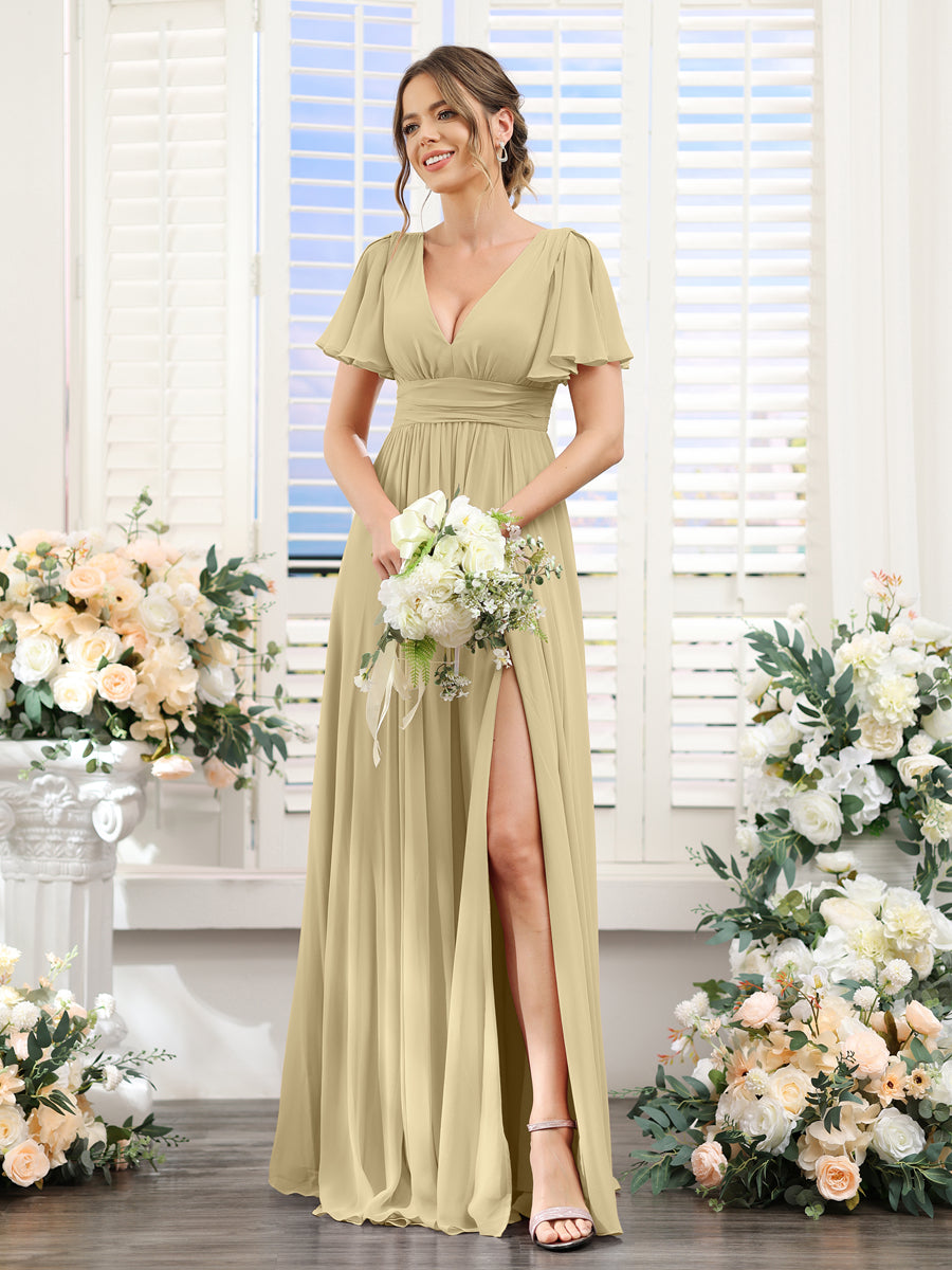 A-Line V-Neck Short Sleeves Split Side Floor-Length Chiffon Bridesmaid Dresses Champagne