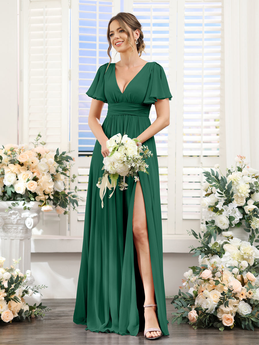 A-Line V-Neck Short Sleeves Split Side Floor-Length Chiffon Bridesmaid Dresses Dark Green