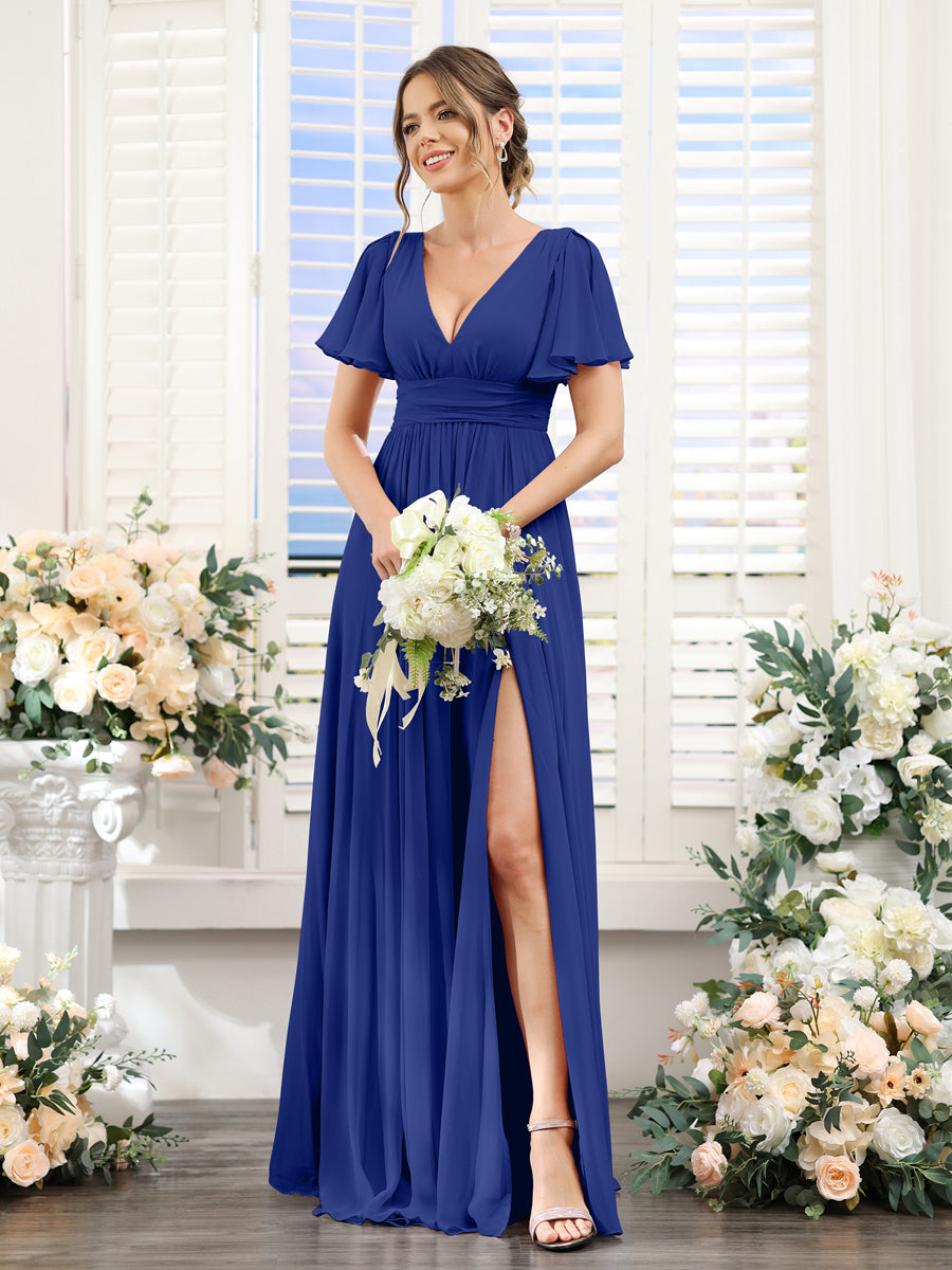 A-Line V-Neck Short Sleeves Split Side Floor-Length Chiffon Bridesmaid Dresses Dark Royal Blue