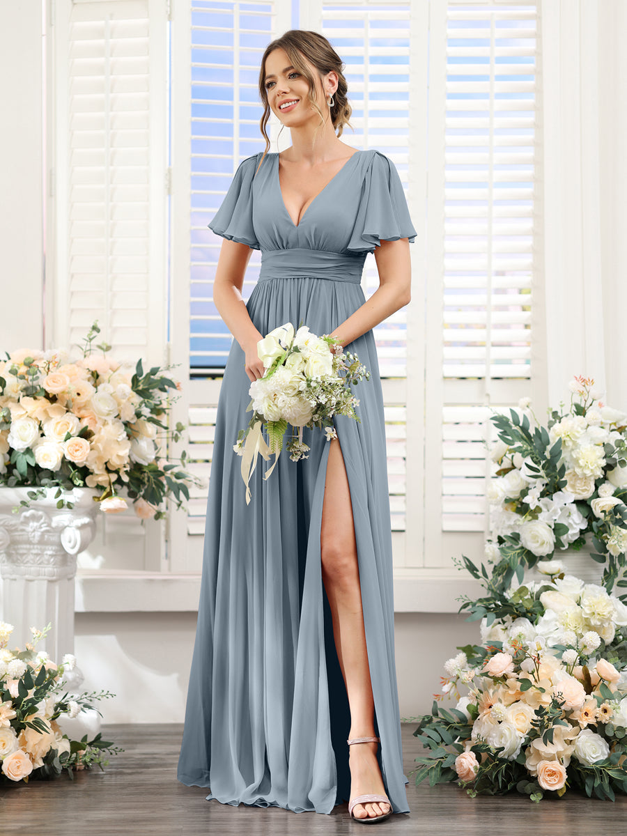 A-Line V-Neck Short Sleeves Split Side Floor-Length Chiffon Bridesmaid Dresses Dusty Blue