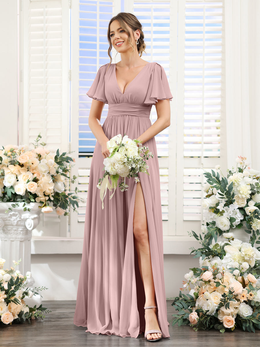 A-Line V-Neck Short Sleeves Split Side Floor-Length Chiffon Bridesmaid Dresses Dusty Pink