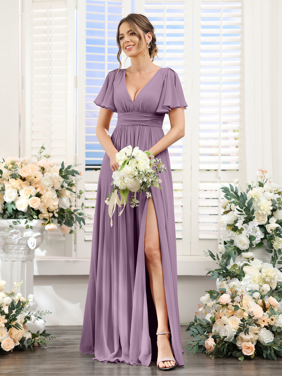 A-Line V-Neck Short Sleeves Split Side Floor-Length Chiffon Bridesmaid Dresses Dusty Purple