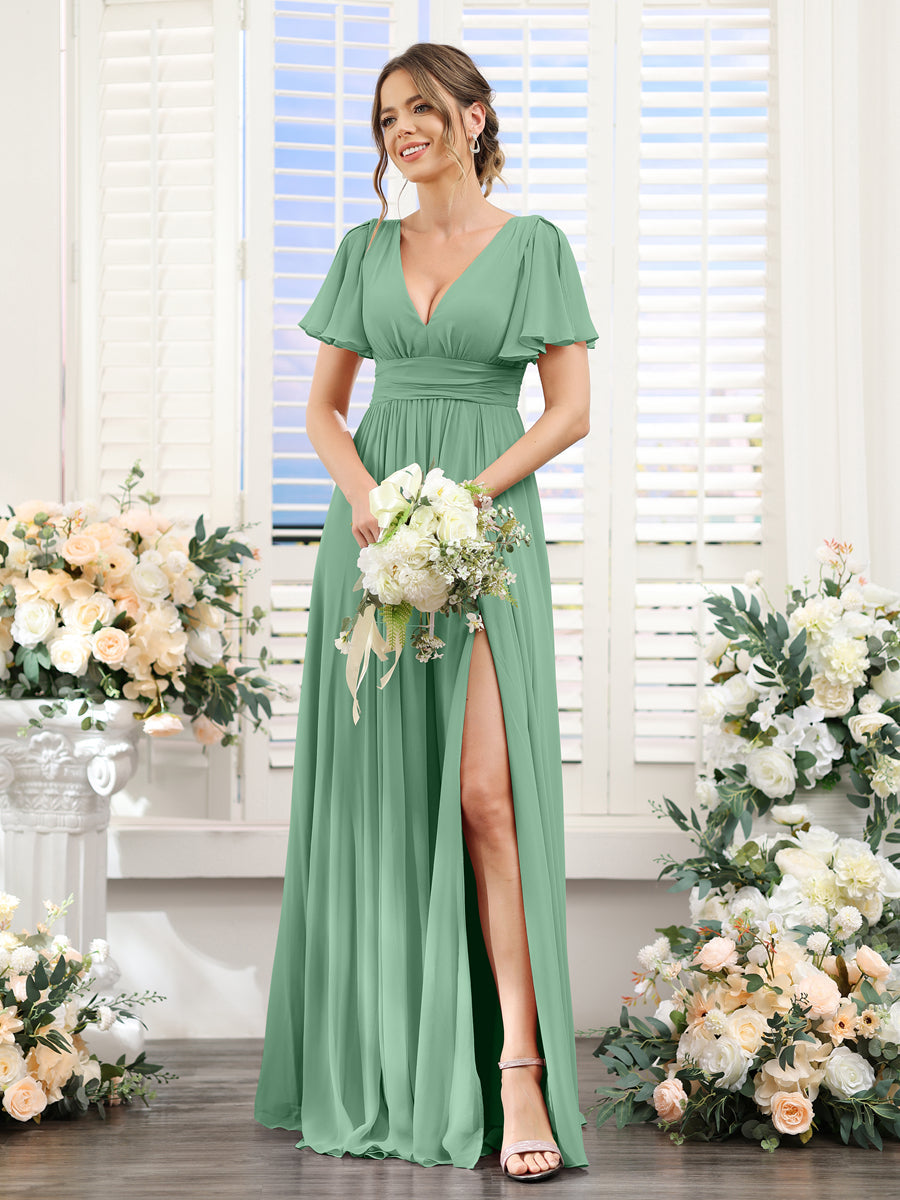 A-Line V-Neck Short Sleeves Split Side Floor-Length Chiffon Bridesmaid Dresses Eucalyptus