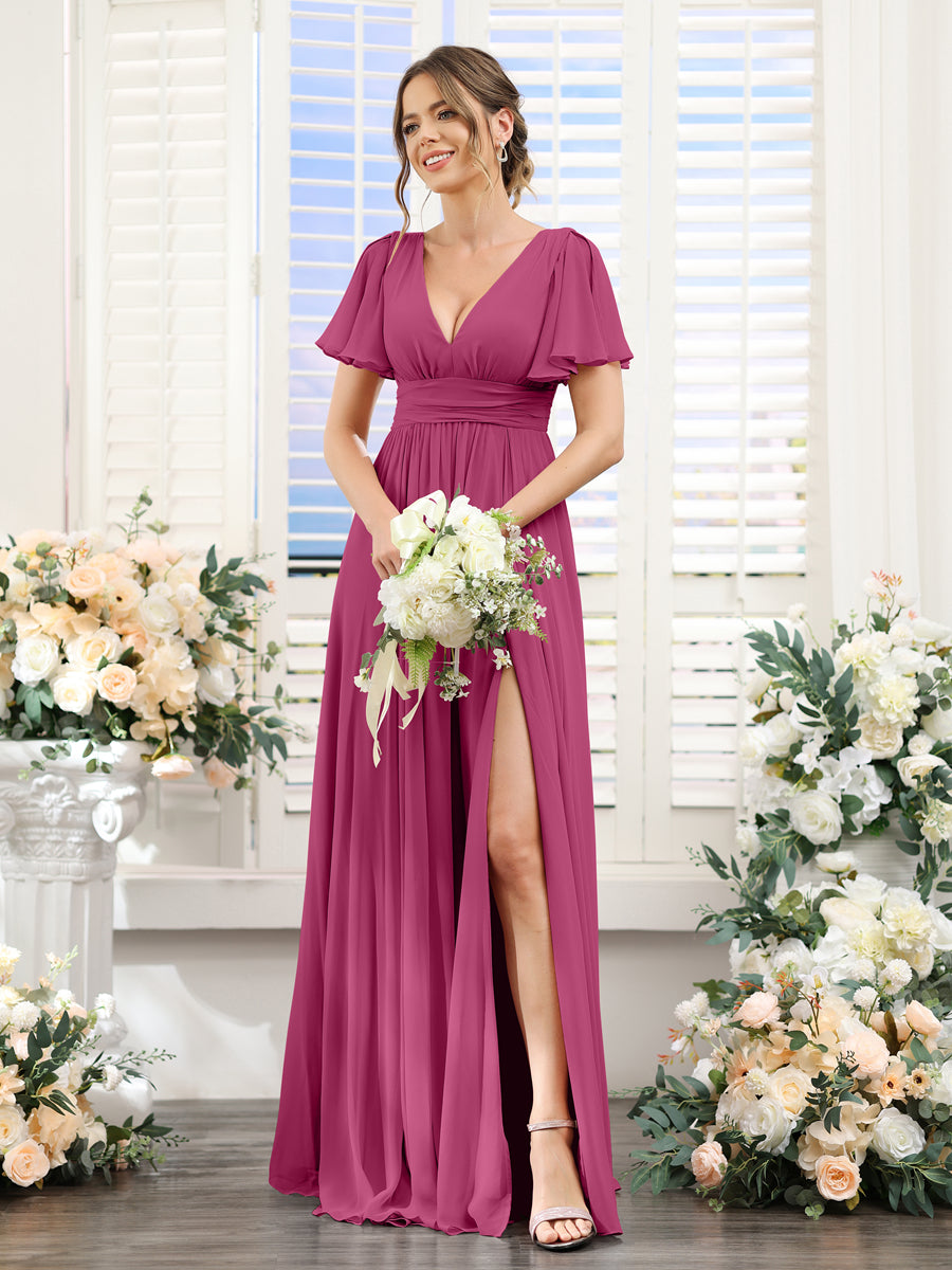 A-Line V-Neck Short Sleeves Split Side Floor-Length Chiffon Bridesmaid Dresses Fuchsia